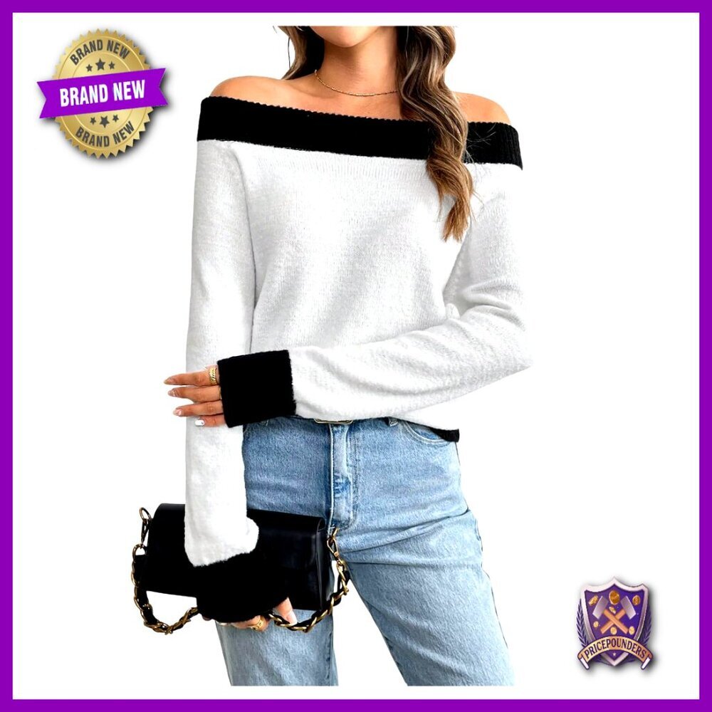 Off Shoulder Color Block Pullover Sweater Long Sleeve Knit Top Fall Casual